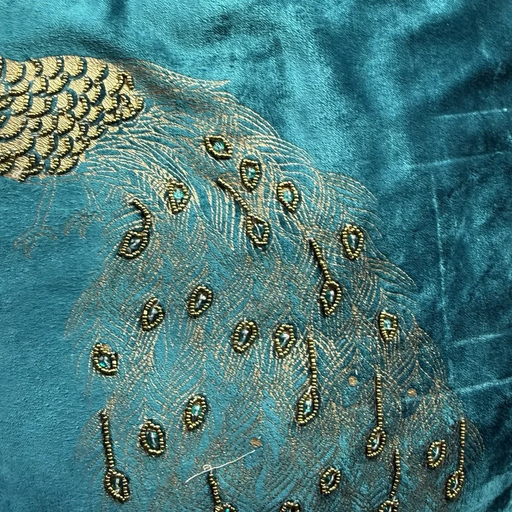 Pier 1 Decorative Throw Pillow Teal Blue Peacock Embroidered Beaded Glam